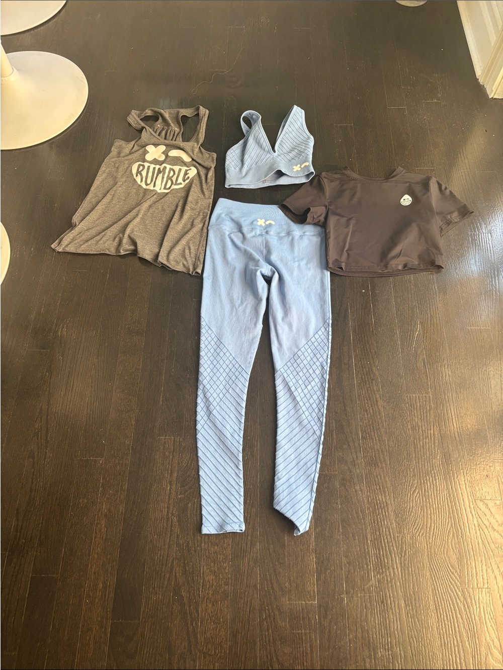 Women's Athletic Set - Blue Leggings & Bra with Gray Tank and Black Crop